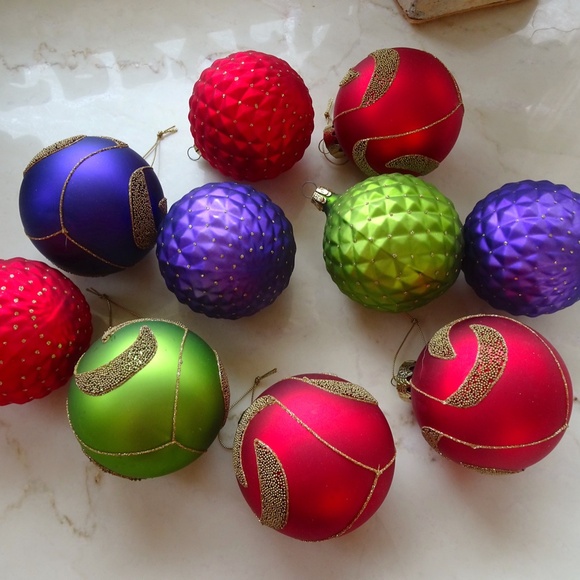 Set of 10 Red Green & Purple Glass Ball Christmas Ornaments Xmas Holiday Decor - Picture 5 of 11